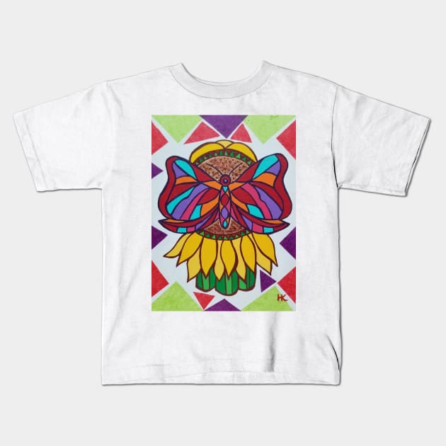 Butterfly on Sunflower Hamsa by Harriette Knight Kids T-Shirt by harrietteknight